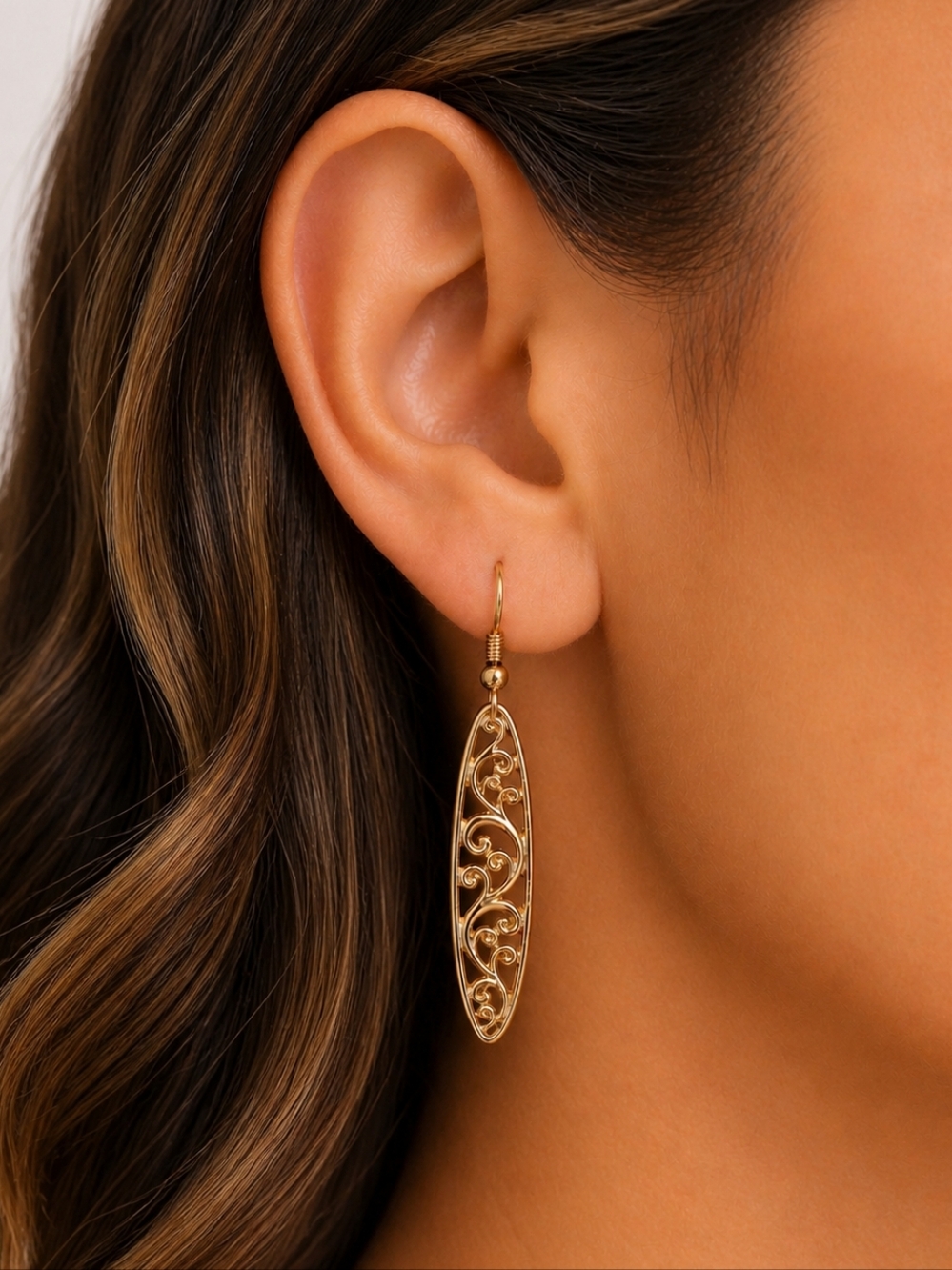 Gold Tone Boho Chic Filigree Drop Dangle Long Earrings Statement Lightweight